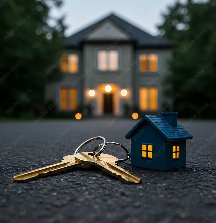 a low angle, shallow depth of field shot captures a pair of golden house keys and a miniature dark blue house shaped keychain lying on a textured, dark asphalt or paved driveway (1) stock photo
